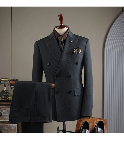 High Quality Mens Suit Formal Business Slim Fit Double-breasted Striped Suit Set Groom Wedding Dress Party Tuxedo Men's Clothing