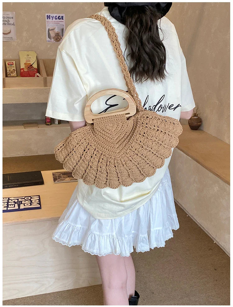2026 New Retro Fan-shaped Crochet Woven Underarm Bag for Women Ins Style Seaside Vacation Versatile Wooden Handle Shoulder Bag