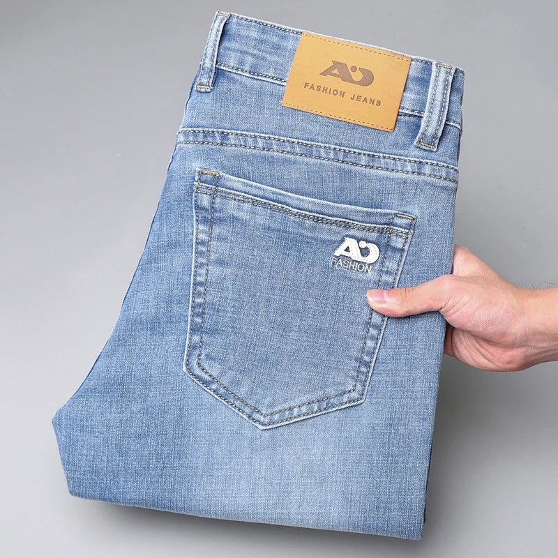 Fashion Light Blue Slim Straight Jeans Men's Spring Autumn Elastic Comfortable Denim Pants Korean Casual Business Trousers