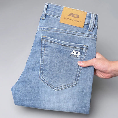 Fashion Light Blue Slim Straight Jeans Men's Spring Autumn Elastic Comfortable Denim Pants Korean Casual Business Trousers