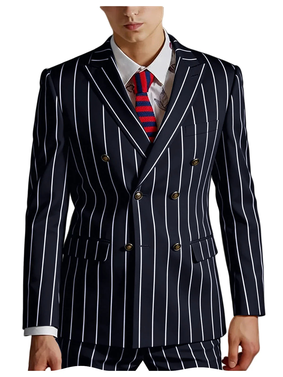 Men's Pinstripe 2 Piece Suit Set Double Breasted Peak Lapel Slim Fit Striped Tuxedo Suit For Wedding Prom Business Formal