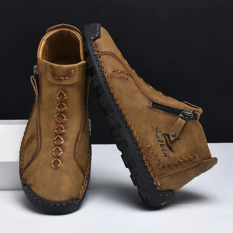 New Winter 2024 Handmade Leather Men Boots Zipper Design Sneakers Man Breathable Casual Leather Shoes Men Ankle Boots Outdoor