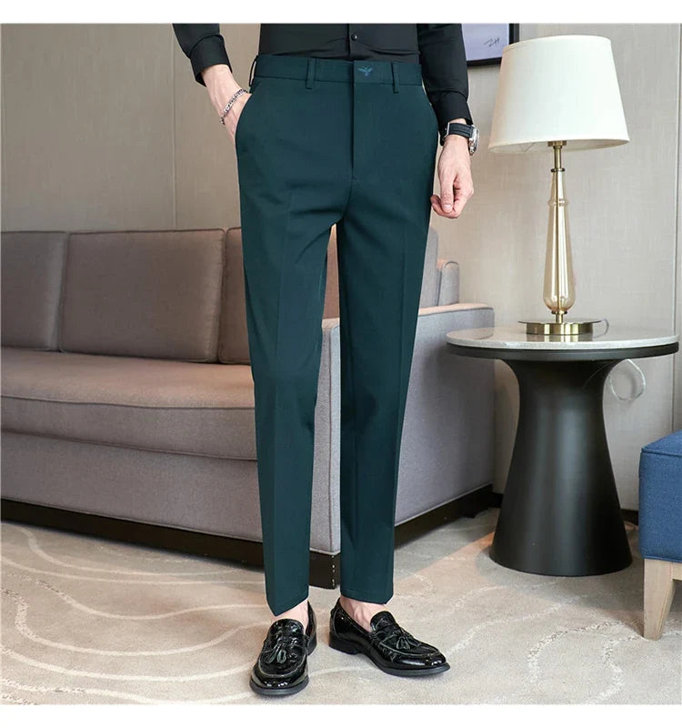 Autumn Mens Fashion Embroidered Trousers Korean Business Dress Solid Suit Pant Formal Office Social Slim Fit Casual Suit Pants