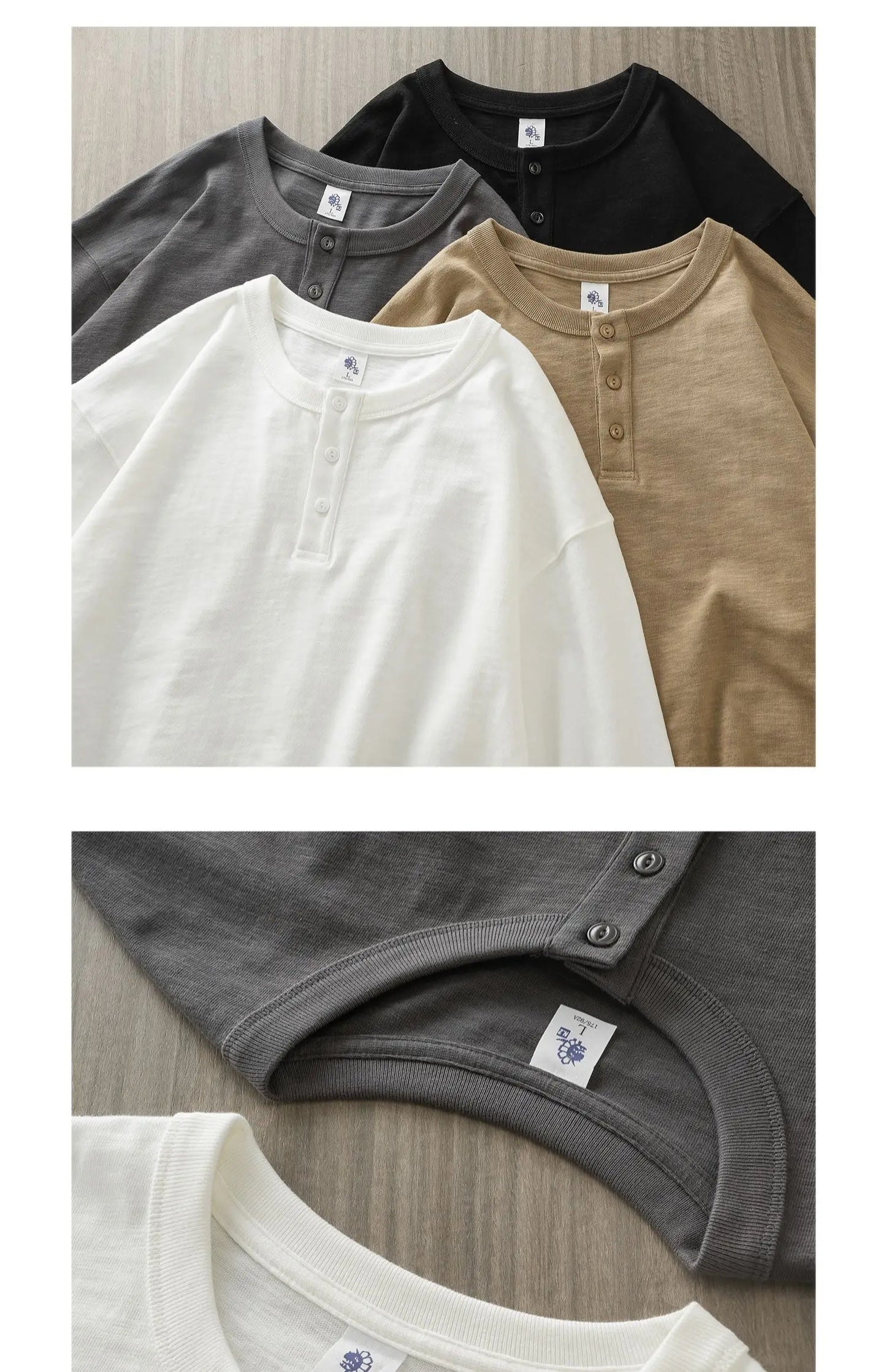 320G Heavyweight 100% Cotton Henley Neck T Shirt for Men Long-Sleeved Spring Autumn Casual Tops Solid Color Undershirts
