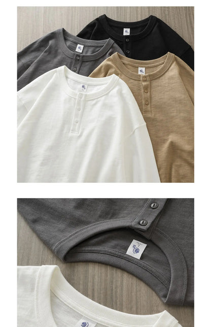 320G Heavyweight 100% Cotton Henley Neck T Shirt for Men Long-Sleeved Spring Autumn Casual Tops Solid Color Undershirts