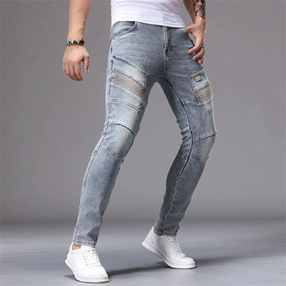 Men's Patchwork Skinny Ripped Jeans Fashion Trousers Elastic Slim Hole Biker Denim Pants Hip-hop Rock American Streetwear