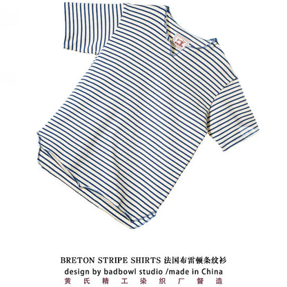Summer men's pure cotton T-shirt, retro striped V-neck T-shirt from the United States, fashionable and versatile casual style