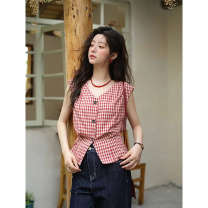 Women's Fashion V-neck Shirt 2026 Summer New Plaid Ladies Red Button Shirt Casual Retro Top Female Clothing MXE37X1921