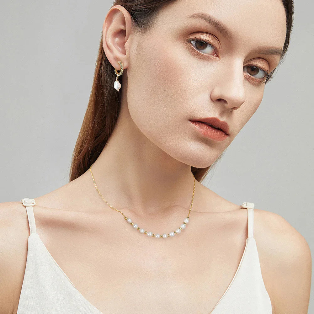 14K Gold 925 Sterling Silver Pearl Necklace with 3-4mm Handmade Natural Baroque Pearl Tiny Chain for Women GPN19