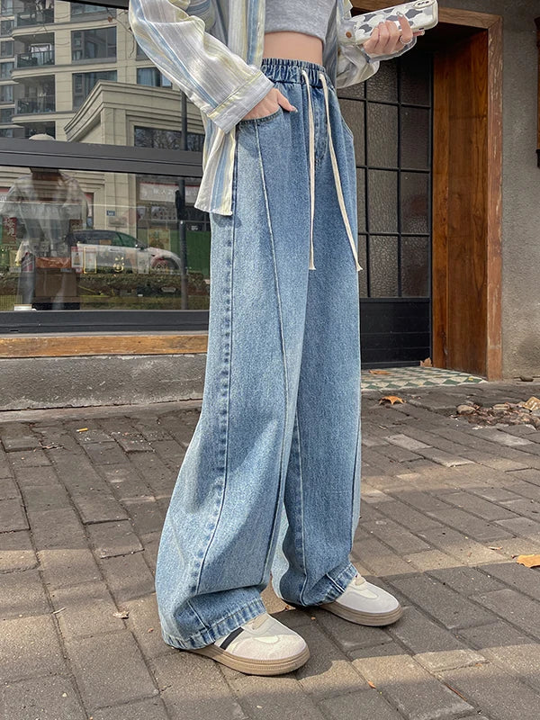 High Waist Wide Leg Jeans Women's Loose Fit Dstring Elastic Waist Long Trousers Blue Denim Spring Season Faion plus Size