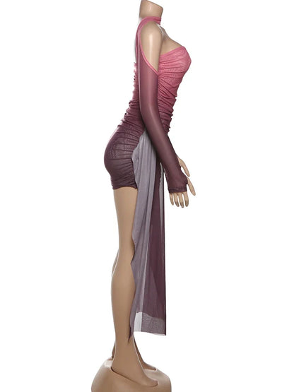 Mesh Simple Mini Dress Fashion Solid Strapless Ribbons Tassel Body-shaping Vestidos+Seperately Full Sleeve Gloves