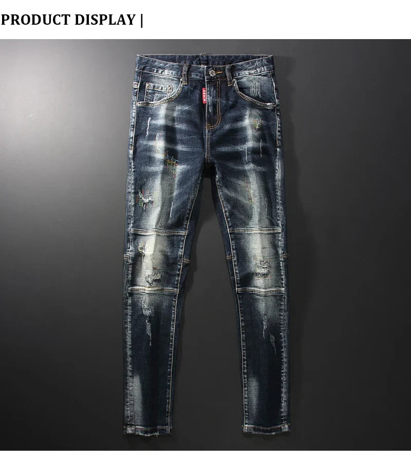 Streetwear Fashion Men Jeans Retro Black Blue Elastic Slim Fit Ripped Jeans Men Spliced Designer Embroidery Hip Hop Denim Pants