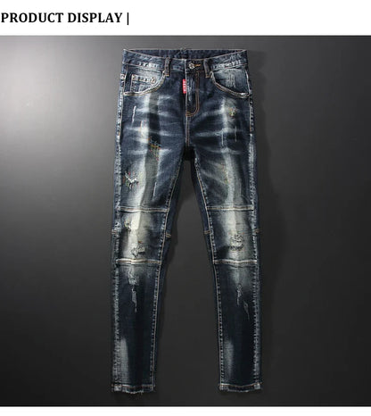Streetwear Fashion Men Jeans Retro Black Blue Elastic Slim Fit Ripped Jeans Men Spliced Designer Embroidery Hip Hop Denim Pants