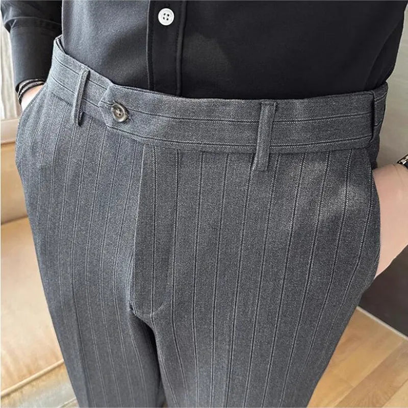High Quality Striped Suit Pants 2025 Autumn New Fashion Slim Fit Business Elastic waisted Pants Male Wedding Party Trousers