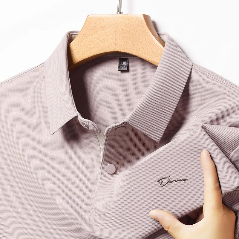 Summer seamless ice silk short sleeved T-shirt, polo shirt, flip collar, casual elastic top, breathable thin half sleeve