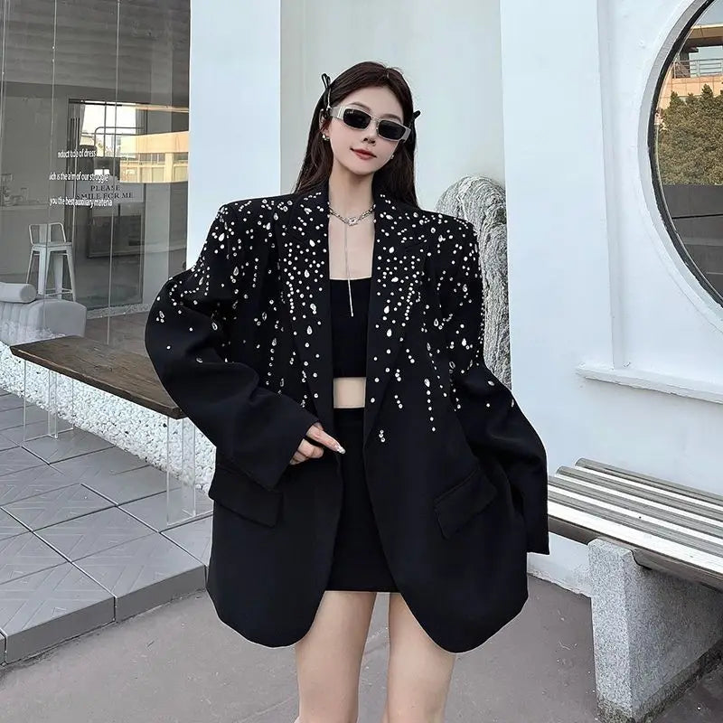 High-Quality Hot Diamond Black Blazer Women's Neutral Spring And Autumn New Design V ersatile Long-Sleeved Shoulder Padded Suit