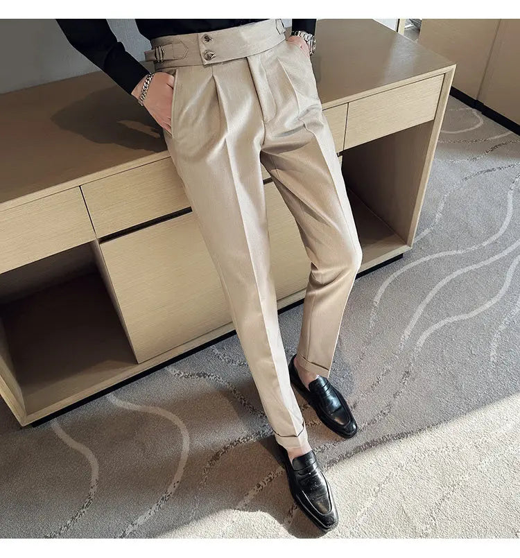 British Style Naples Solid Color High Waist Suit Pants High Quality Men Formal Business Social Party Wedding Casual Trousers