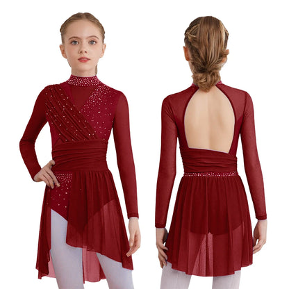 Kids Girls Gymnastics Figure Skating Ballet Lyrical Dance Costume Dress Side Split Sheer Mesh Ruched Glittery Rhinestones Dress