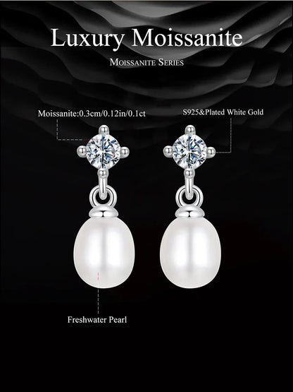 White Gold Plated Moissanite Freshwater Pearl Earrings for Women, 925 Sterling Silver Elegant Stud Huggies Christmas Gift
