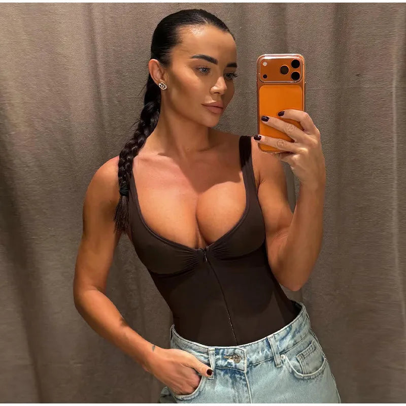 Sexy Tight Corsets Women's Bodysuit Sleeveless V-Neck Zipper Lady Playsuits 2026 Spring Summer Female Slim Backless Romper