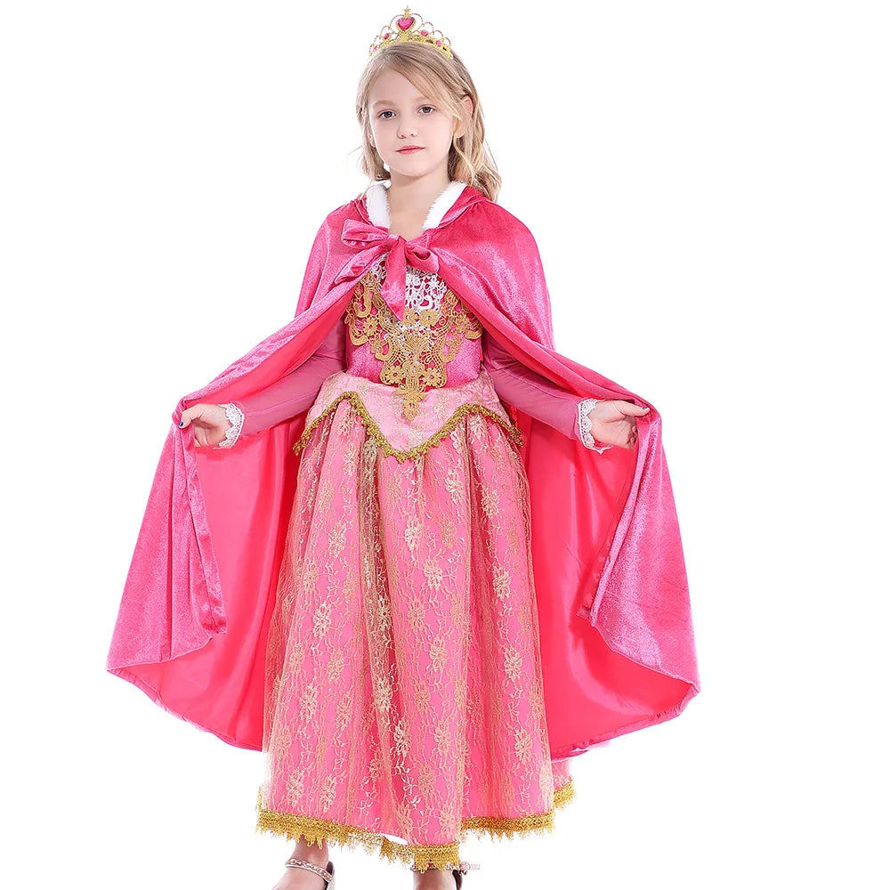 Sleeping Beauty Aurora Princess Dress Cosplay Off Shoulder Kids Gifts Fancy Halloween Party Girl Baby Lace Dress Set