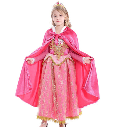 Sleeping Beauty Aurora Princess Dress Cosplay Off Shoulder Kids Gifts Fancy Halloween Party Girl Baby Lace Dress Set