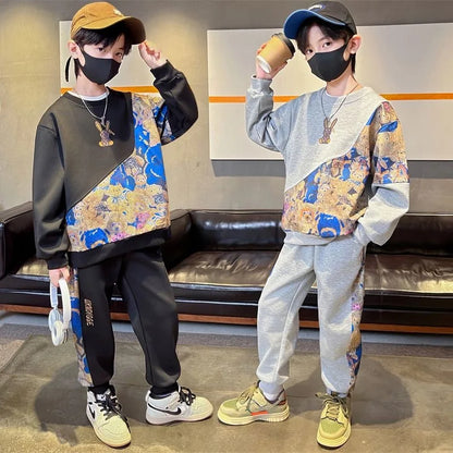 Boys Cotton Cartoon Print Patchwork Workout Sweatshirt+Sweatpant Sets Children 2PCS Tracksuit School Kids Jogging Outfits 5-16Yr