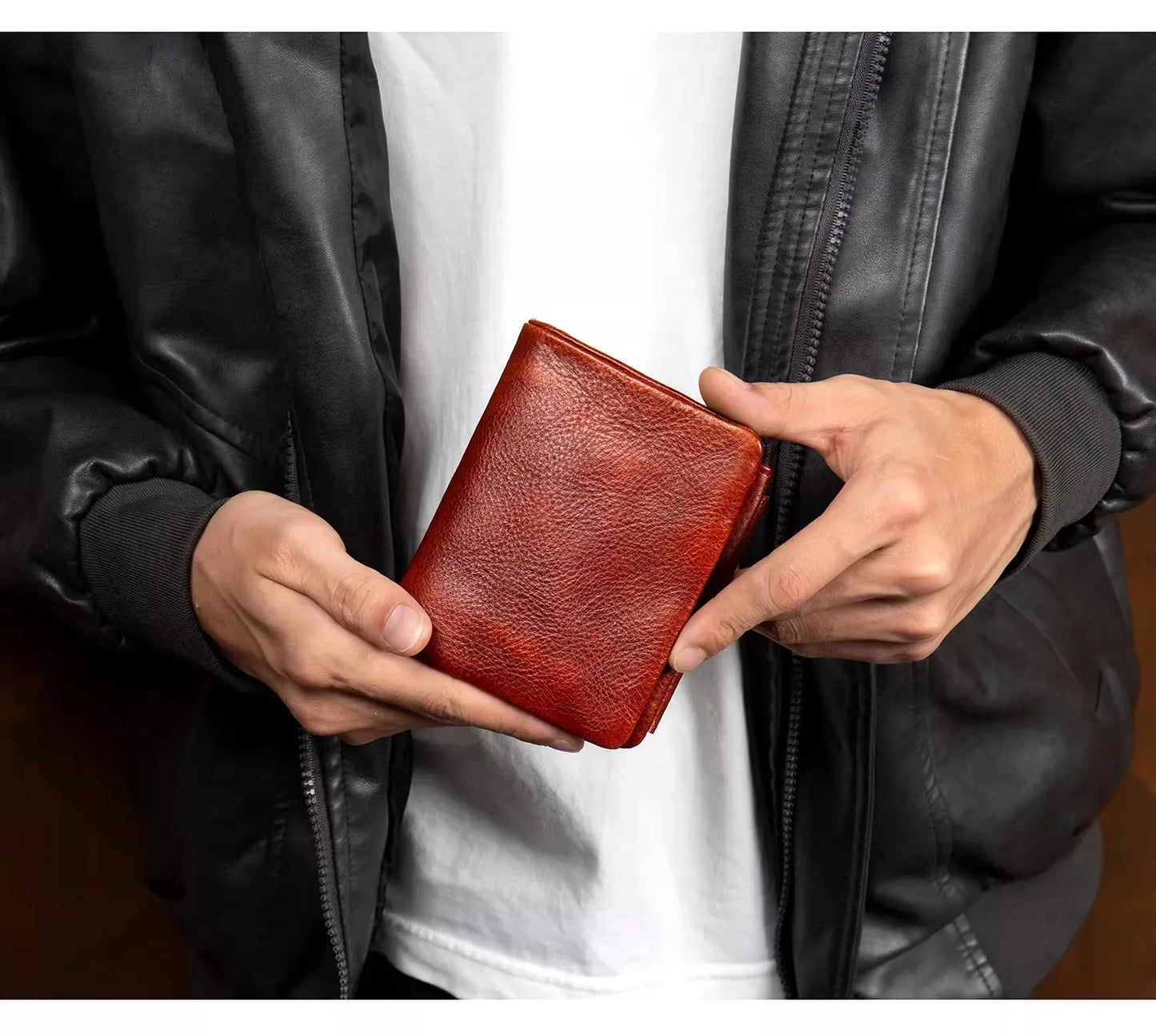 Men's Hand-Rubbed Genuine Leather Short Wallet Top-Grain Vegetable-Tanned Zipper Wallet with Driver's License Card Holder