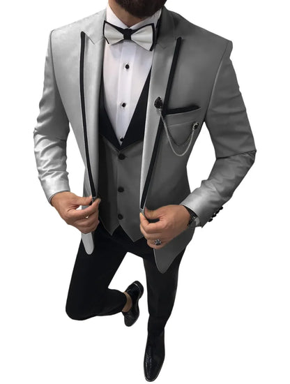 Men Suits Slim Fit One Button Casual Business Groomsmen Brown Peak Lapel Tuxedos For Formal Wedding (Blazer+Pants+Vest)