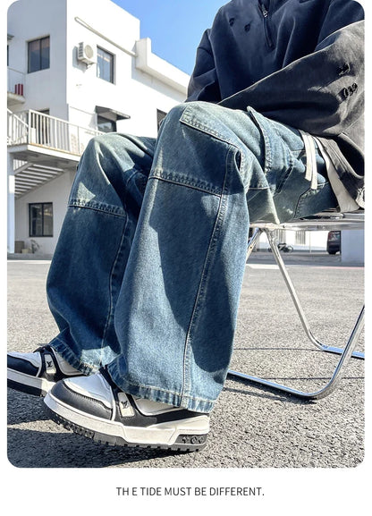 2025 new men's cement grey work jeans Y2K street hip-hop large pocket wide-leg straight jeans trousers jogging black light blue