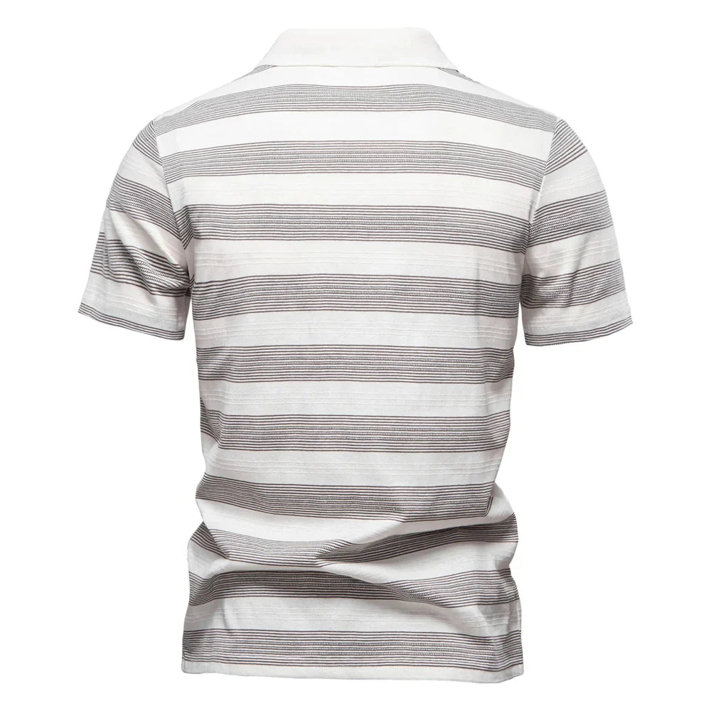 2025 New Summer Striped V Neck Cotton Polo Shirts for Men Breathable Short Sleeve Casual Knit Shirts Comfort Fit