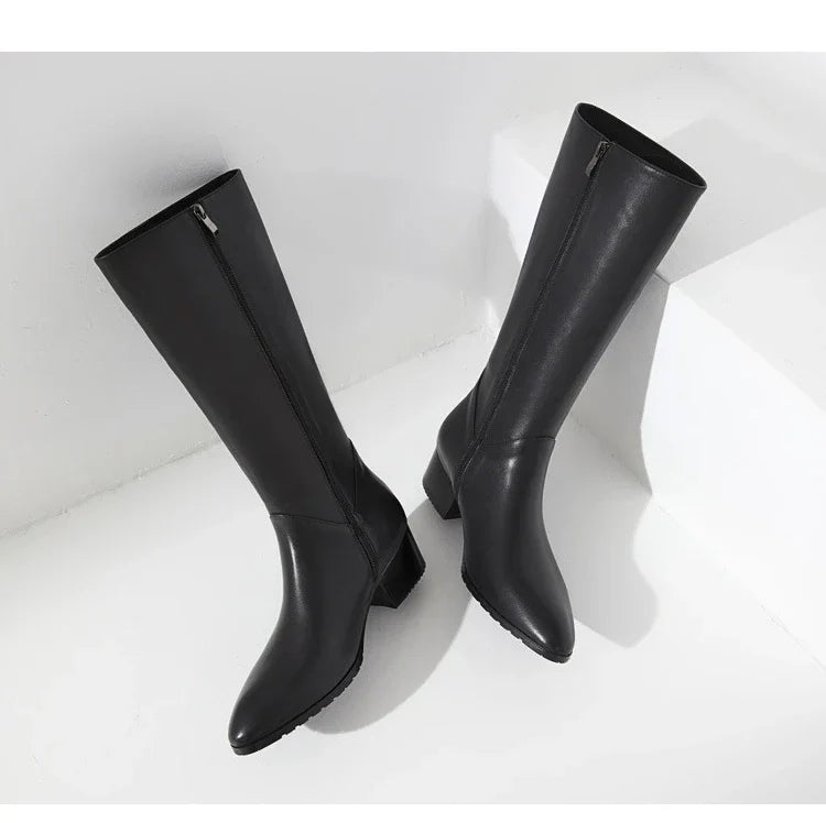 Italian Classic Men's Knee High Boots 5 Cm Heels Luxury Genuine Leather Comfortable Winter Warm Black Business Shoes Boots Man