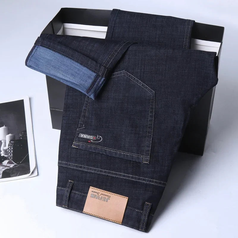 New Ice Silk Thin Denim Jeans for Men Blue Straight Stretch Cotton Denim Pant Business Casual Lightweight Trousers Spring Summer