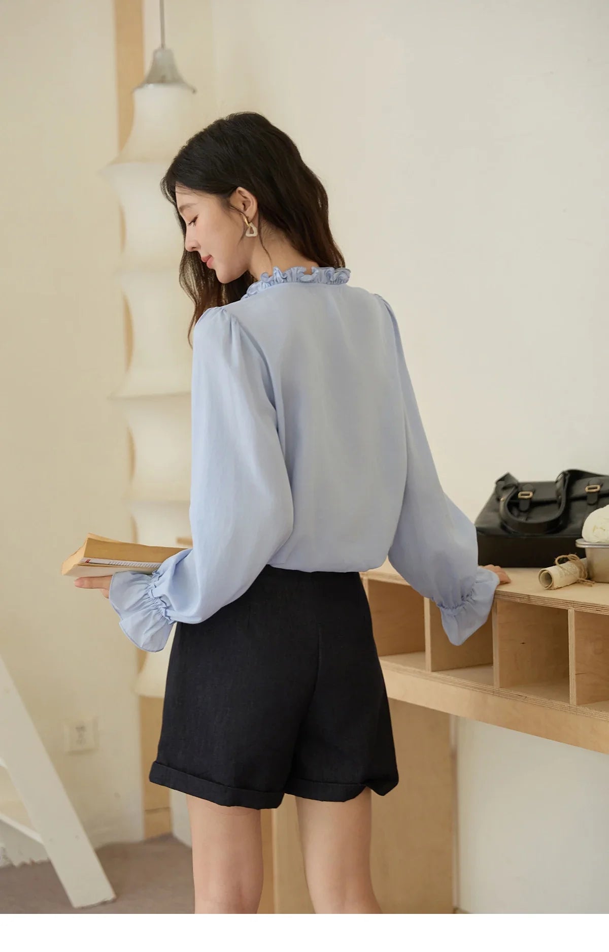 100% Lyocell Women's Blue Shirt 2025 Autumn French Ruffles Long Sleeves Ties Blouse Office Lady Elegant Top MXE45X2484