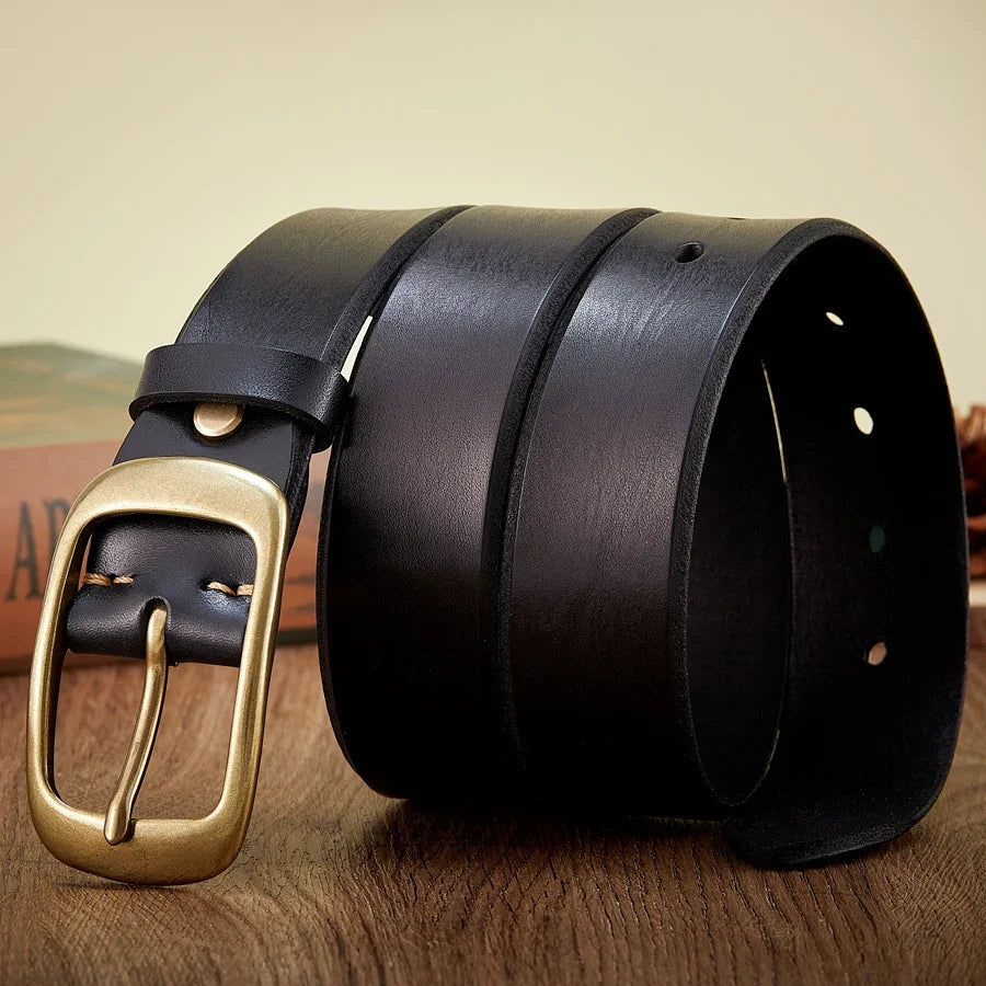 3.8 CM High Quality Pure Cowhide Thick Real Genuine Leather Men's Fashion Brass Buckle Belts Luxury Brand Jeans Belts for Men