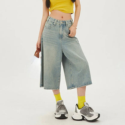 2026 Y2k Retro Women Low Rise Jorts Brushed Black Wash Cropped Baggy Jeans Wide Leg Frayed Denim Short Pants Fashion