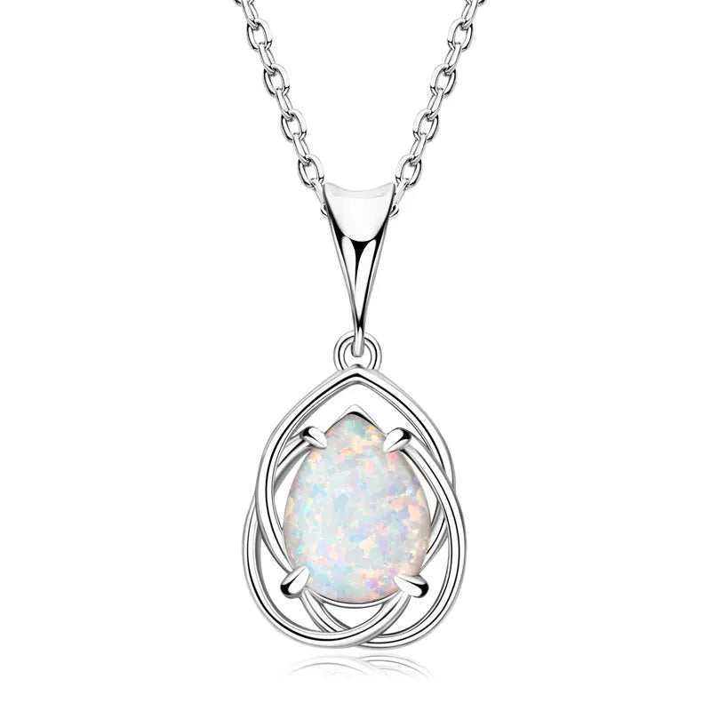 925 Sterling Silver Hollow Pendant Necklace 7*10mm Pear Shape Cut Synthetic Opal Drop Necklaces For Women Wedding Jewelry