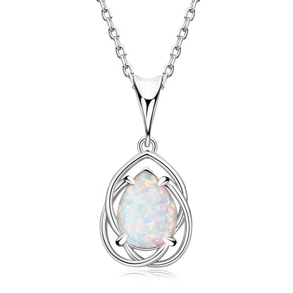 925 Sterling Silver Hollow Pendant Necklace 7*10mm Pear Shape Cut Synthetic Opal Drop Necklaces For Women Wedding Jewelry