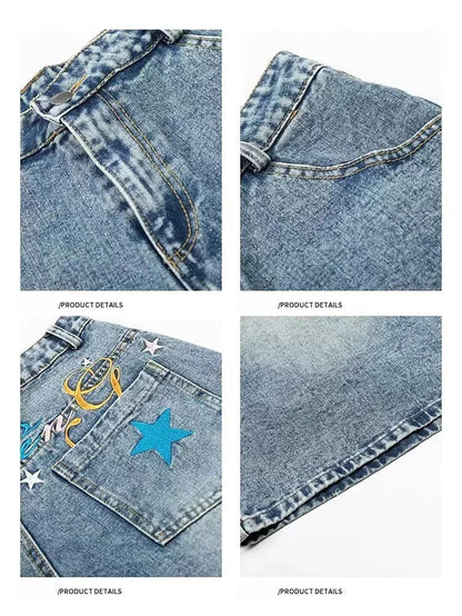 New Letter Star Embroidered Baggy Short Jeans For Men High Street Fashion Straight Y2K Jorts American Retro Blue Denim Shorts