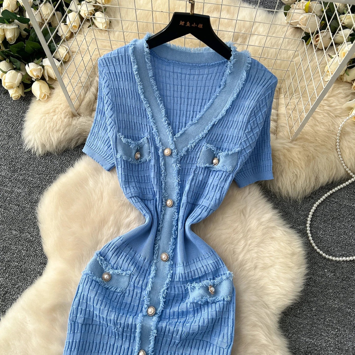 High Quality Elastic Knitted Long Sundress Women Short Sleeves Button Design Office Lady Vintage Split Slim Dress
