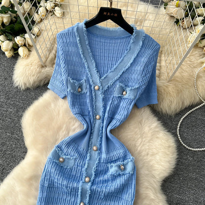 High Quality Elastic Knitted Long Sundress Women Short Sleeves Button Design Office Lady Vintage Split Slim Dress