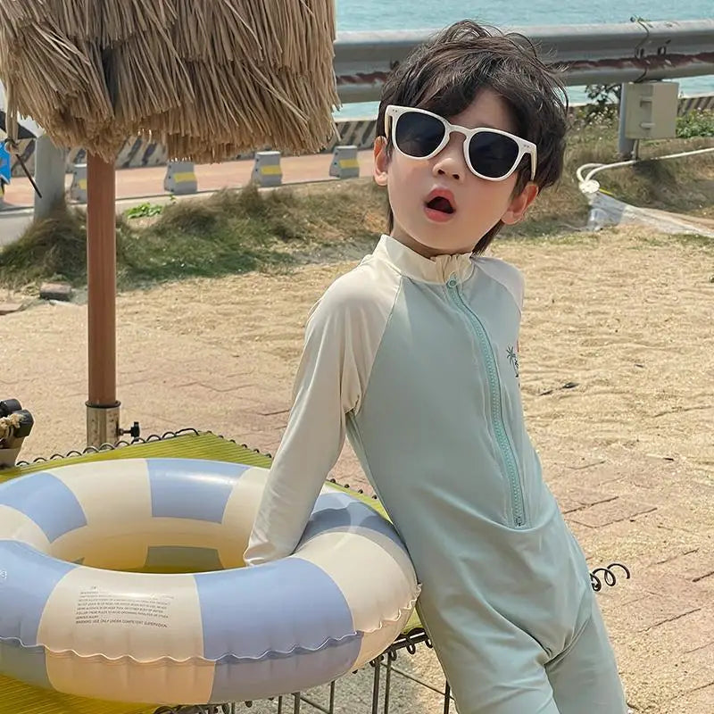Summer Kids Swimwear Boys Beach Wear Plaid One-piece & Split Long Sleeve Boys Swimwear with Cap Sunscreen Baby Clothes