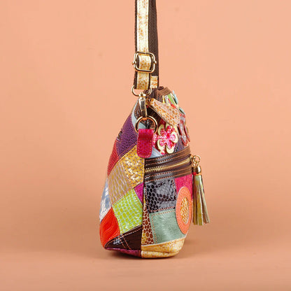 Multi-color snake pattern splicing tassel genuine leather cowhide bag shoulder women's bag personalized casual women's small bag