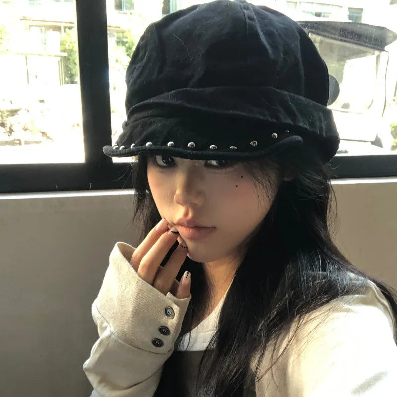 Black Studded Beret Cap with Rivet Trim Edgy Style Hat for Outdoor Travel Hiking Camping Berets