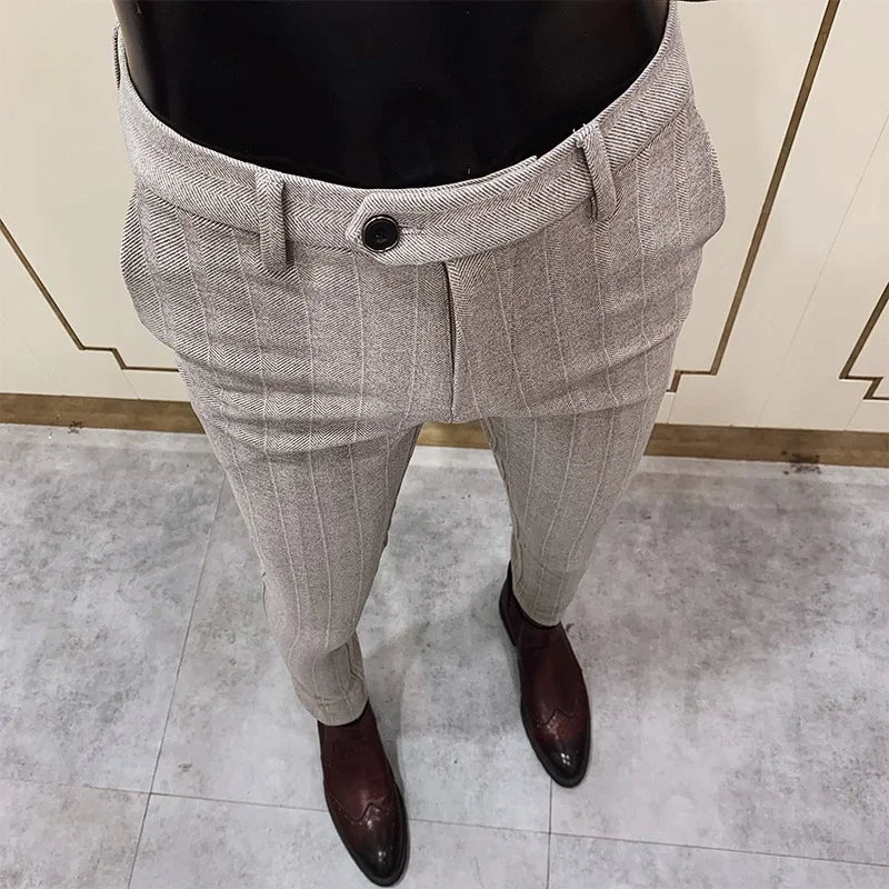 Autumn Winter Striped Woolen Cloth Suit Pants Men Casual Slim Straight Warm Trousers Formal Business Social Office Dress Pants