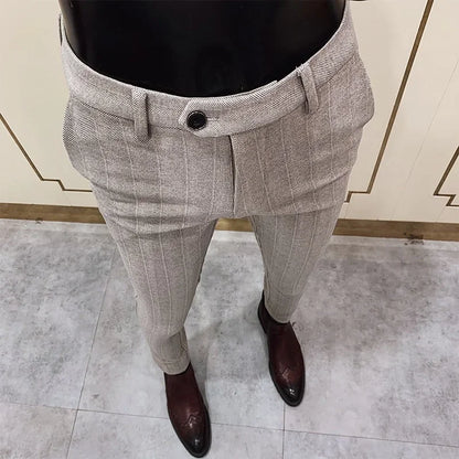 Autumn Winter Striped Woolen Cloth Suit Pants Men Casual Slim Straight Warm Trousers Formal Business Social Office Dress Pants