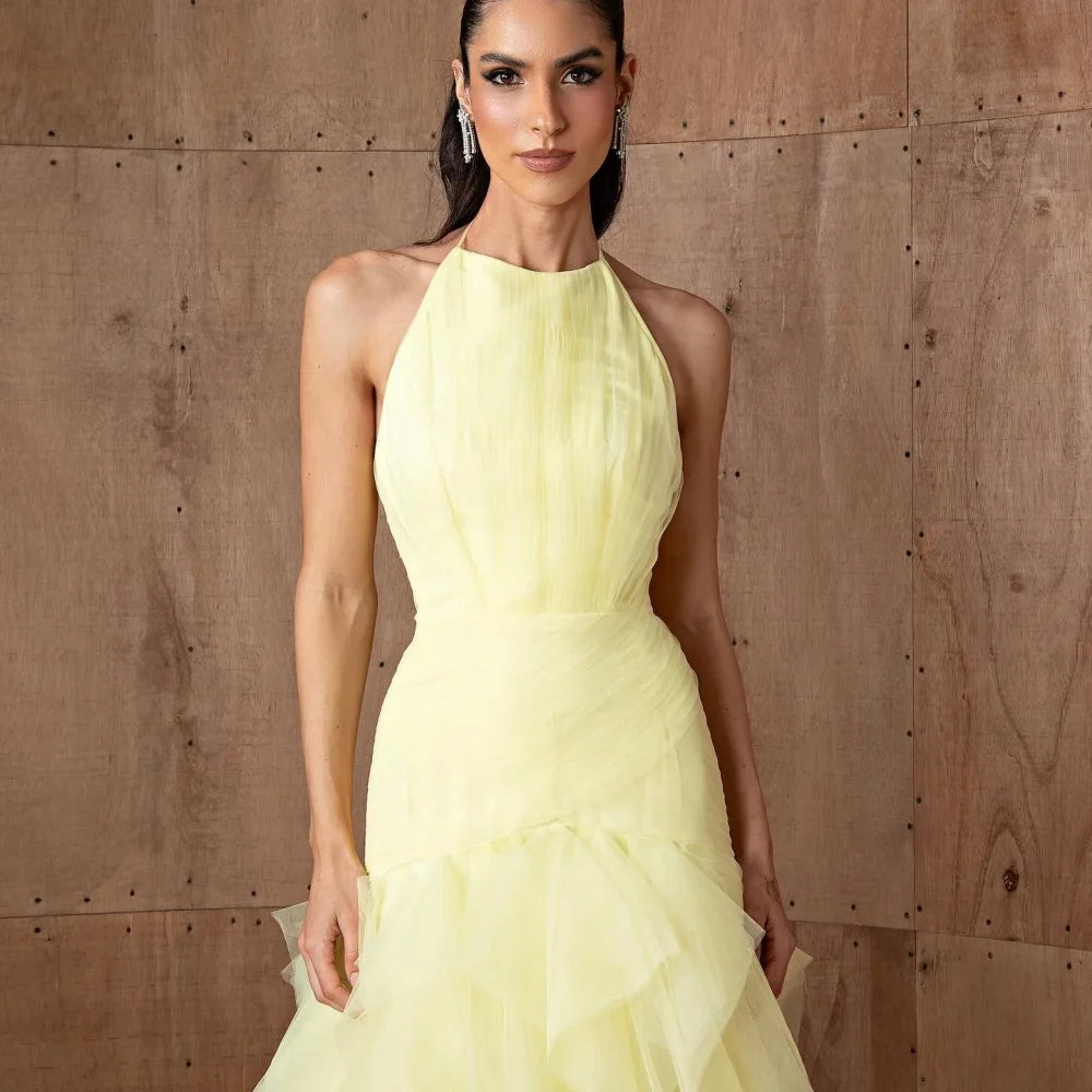Customized Yellow Halter Neck Multi-Layered robes de soirée Mesh Fabric A-line Party Dresses Floor-Length Prom Dress 2025