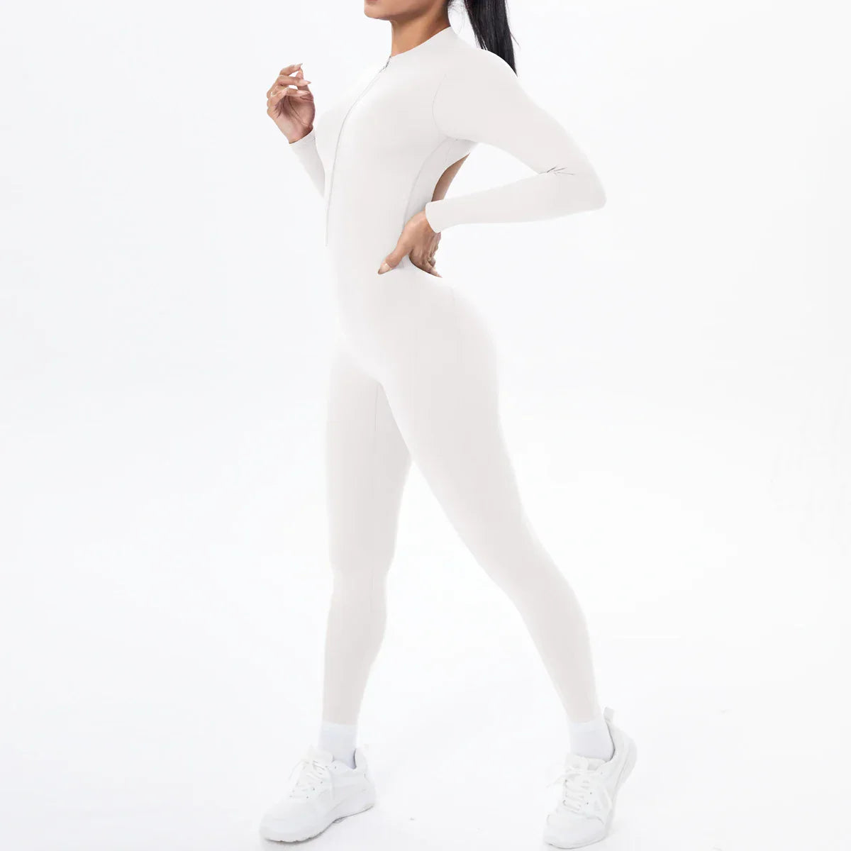 Solid Color Bodysuits for Woman's Backless Long Sleeved Zipper Yoga Jumpsuits High Dtrength Workout Sports Fitness Clothing Set