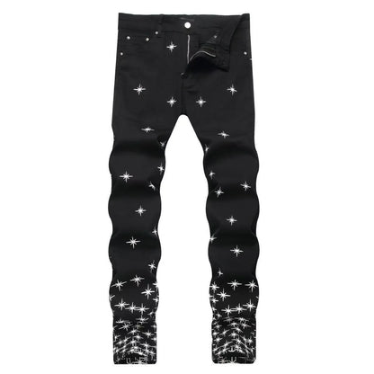 Autumn and Winter Fashion Trend Print Retro Straight Tube Elastic Men's Denim Pants Casual Sports Comfortable High-Quality Jeans