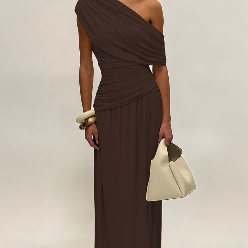 One Shoulder Ruched Sleeveless Solid Pleated Sexy Irregular Y2K Maxi Dress Summer Elegant Party Women Clothes Vacation